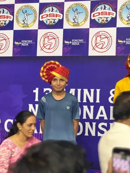 Divyansh Punia on the podium after winning a Silver Medal at the Mini U-12 National Fencing Championship in Nashik. His performance against national competition was outstanding.