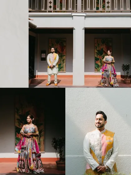 A stylish collage of the bride and groom posing separately and together against an architectural backdrop, showcasing their coordinated Haldi outfits.