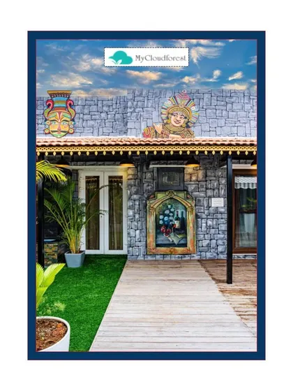 The entrance to this home is defined by a unique wooden walkway leading to the front door. The combination of the stone facade, artistic murals, and clean lines of the path creates a highly creative and memorable entryway.