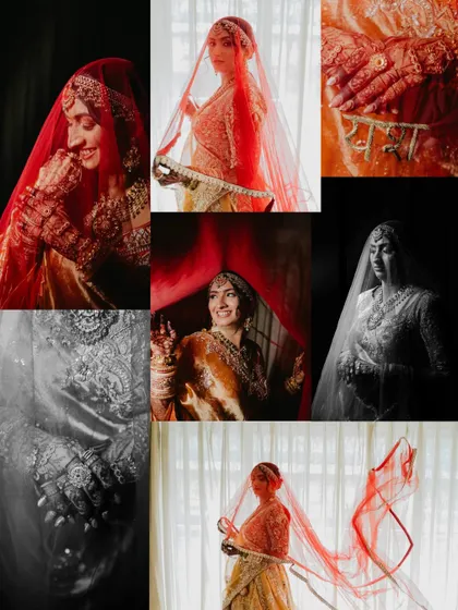 A comprehensive bridal collage showing various portraits, including close-ups of her henna, a black and white profile, and shots with her veil. It’s a complete story of her bridal look.