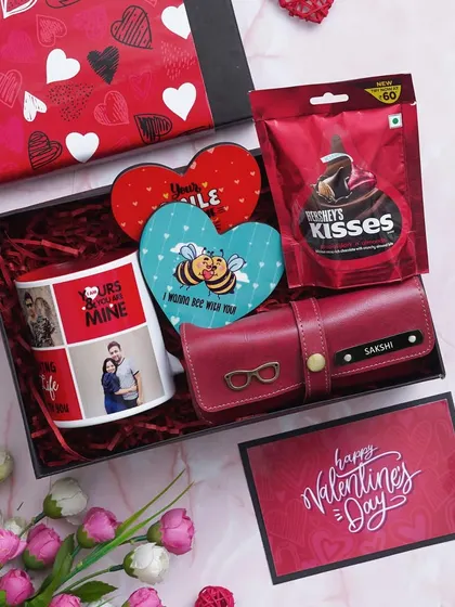 This view shows the Valentine Delight Hamper with yet another custom design on the mug, showcasing the different ways I can personalize your gift.