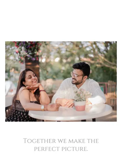 A quiet, romantic moment between the couple at a cafe table, perfectly capturing the feeling of "together we make the perfect picture."