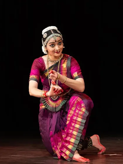 A kneeling pose from a traditional Varnam, where the Nayika is making a plea to her beloved.
