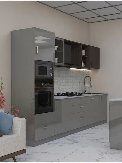 A sleek parallel open kitchen in a grey and black color palette. The high-gloss finish on the cabinets reflects light and adds a touch of modern sophistication.