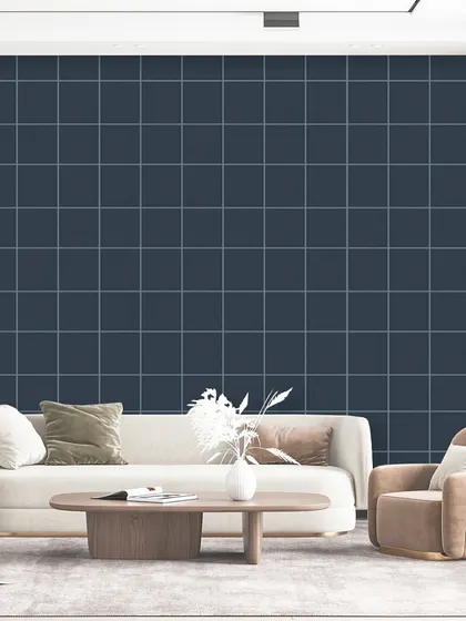 A simple and modern grid pattern in a deep navy blue. This minimalist design from the Polo collection provides a clean, structured backdrop that makes the contemporary furniture stand out.