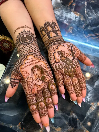 A detailed Karwa Chauth narrative, showing a woman performing the ritual with a diya and thali. The other hand features a peacock in a garden and a depiction of a monument, adding a touch of architectural beauty.