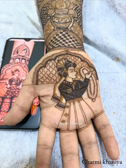 The magic is in the details! Here’s a close-up of a groom portrait I created, using a photo on my phone as a reference. I love the challenge of capturing likeness and personality in my henna work.