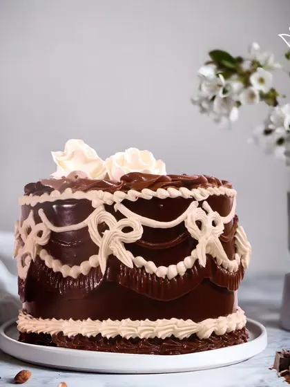 A buttercream dream for Agastya from Moti Bagh. This rich chocolate cake is decorated with intricate, vintage-style piping, showing that even a classic chocolate cake can be a work of art.