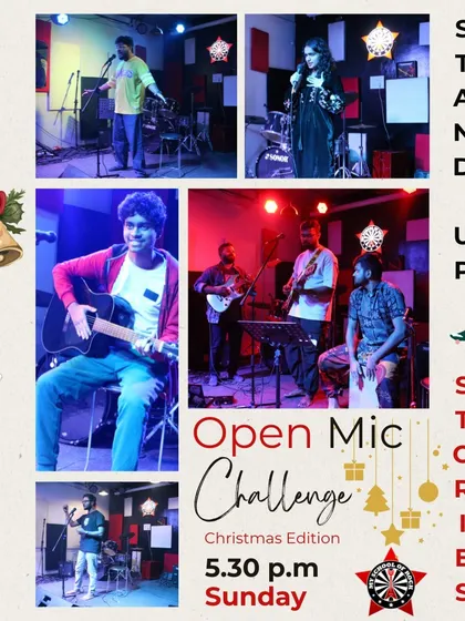 The poster for our "Jingle Bell Rock" Christmas Edition Open Mic Challenge, inviting festive and merry performances.
