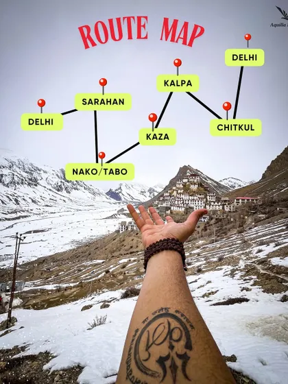 Here is the route map for our Spiti Valley trip. We cover key locations like Sarahan, Kalpa, Kaza, and Tabo, ensuring you experience the best of the region.