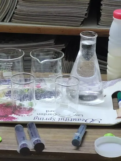 The lab setup for our protein study. We use beakers, flasks, and test tubes to conduct experiments just like real scientists, making the experience authentic and educational.