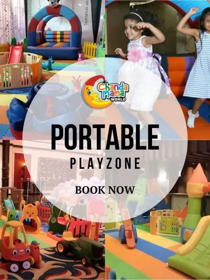 A collage of four different portable playzone setups, with two girls happily jumping on a bouncy castle. It’s a great visual that captures the energy and fun of my service.