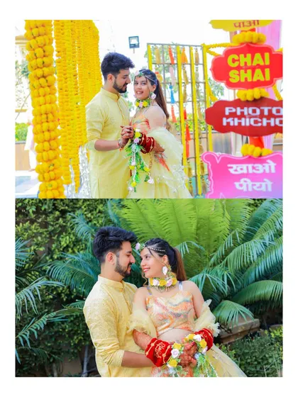 This collage highlights the fun decor and candid moments of a Haldi ceremony. The bright yellow marigolds and quirky signs add to the festive atmosphere we love to capture.