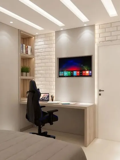 A superhero-themed bedroom with a built-in study desk and shelving. The white brick-textured wall adds an industrial touch.