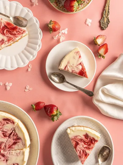 A beautiful flat-lay of my Baked Strawberry Cheesecake slices. It's a dreamy, creamy, egg-free delight that's perfect for sharing.