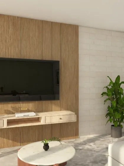 A closer look at the textured TV wall, combining vertical wood louvers with a light wood panel for a modern and warm media center.