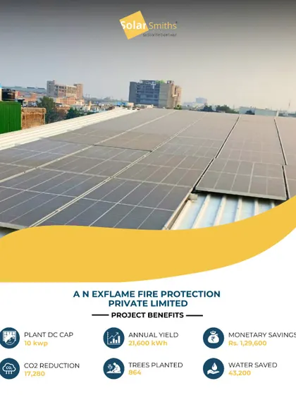 This 10 kWp plant for An Exflame Fire Protection Private Limited showcases how even smaller commercial setups can benefit. It provides annual savings of ₹1,29,600 and a CO2 reduction of 17,280 kg.