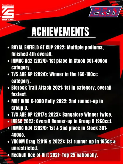 A look at Coach Pradeep's achievements, including multiple podiums in the Royal Enfield GT Cup, wins in the INMRC, and championships in rally and drag racing. His diverse experience benefits every rider he trains.