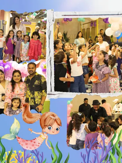 A beautiful collage showcasing the fun and excitement of the mermaid party, with kids looking up in wonder during the bubble and balloon shower.
