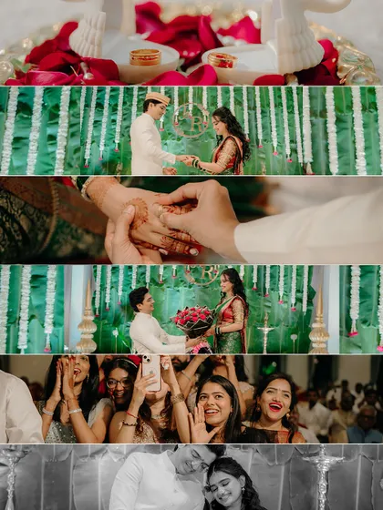 A collage capturing the key moments of a Saakharpuda, from the rings and roses to the happy cheers of the guests. It’s a complete story in one frame.