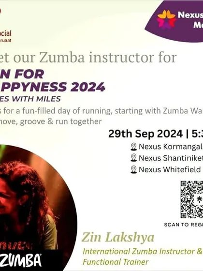 The official event flyer introducing me as the Zumba instructor for the "Run for Happiness 2024" across three different mall locations. This shows how we cover different parts of the city.