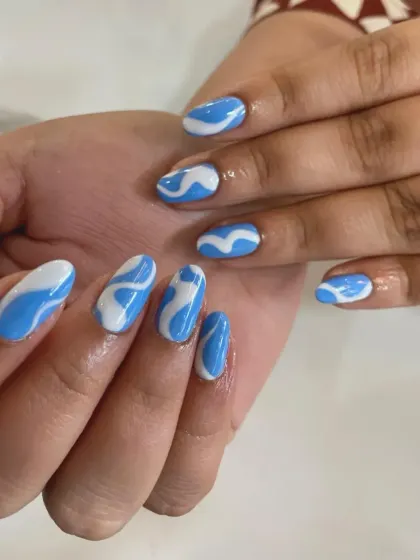 A cool and trendy design with abstract white swirls on a sky-blue base.