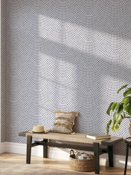 This entryway features our Triangle Rainbow wallpaper, a subtle yet stylish design. The pattern adds a touch of modern elegance and visual interest to the space.