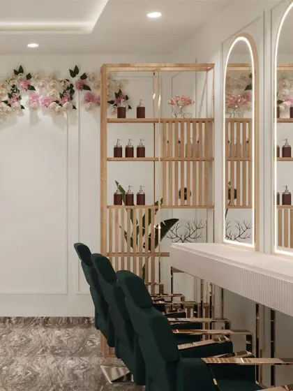 A close-up of a styling station concept. I combined classic wall molding with modern, illuminated arched mirrors and natural wood shelving to create a look that is both timeless and fresh.