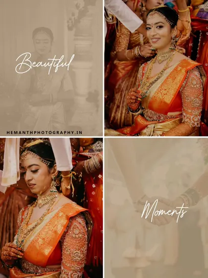A collage of beautiful moments from a wedding ceremony, focusing on the bride's expressions and the intricate details of the rituals.