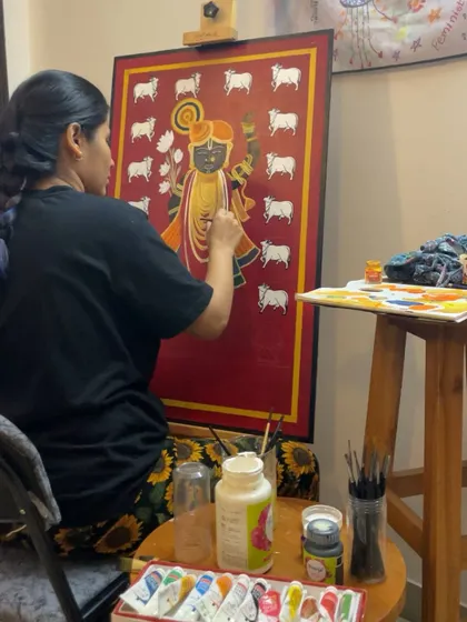 Working on the intricate details of the Shrinath Ji painting. This piece was my biggest commissioned work and a deep dive into the beautiful tradition of Pichwai art.
