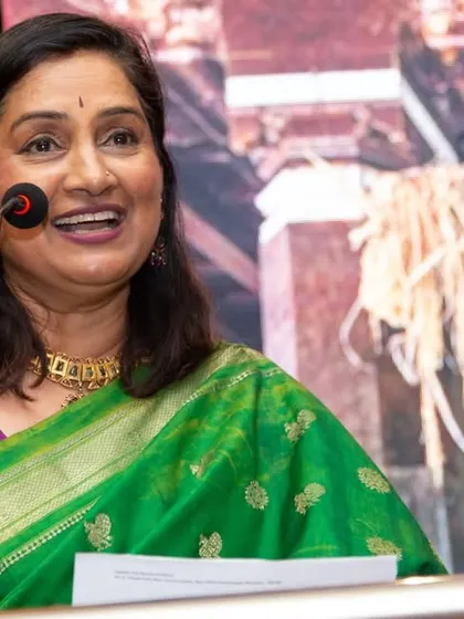 Co-founder Gayathri Shetty speaking at the book launch. She shared the journey behind the creation of the book and her personal connection to the ancestral homes documented within its pages.