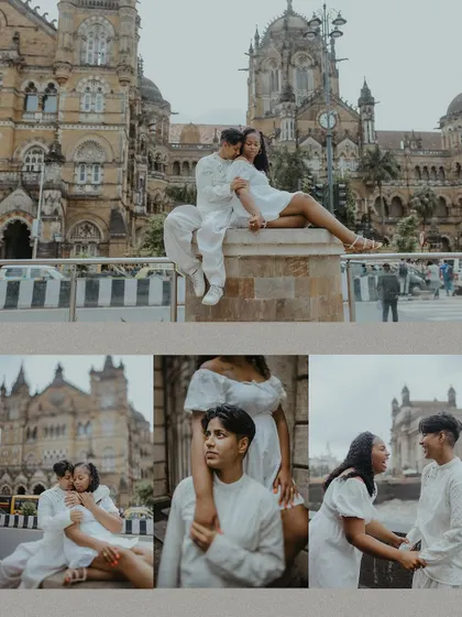 A collage showcasing the couple's love story against the iconic architecture of Mumbai's Chhatrapati Shivaji Maharaj Terminus (CSMT) station.