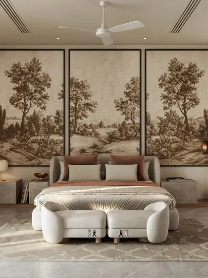 This bedroom achieves a grand yet serene feel with a triptych of landscape wallpaper panels behind the bed. The neutral palette of beige, cream, and earth tones creates a timeless backdrop that is both sophisticated and calming.