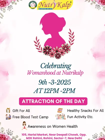 An invitation to our Womanhood celebration, highlighting the day's attractions like a free blood test camp, healthy snacks, and fun activities.