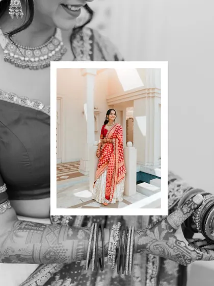 A creative bridal portrait, with a colour photo inset within a black and white frame focusing on her jewelry and henna. It's a beautiful blend of detail and emotion.