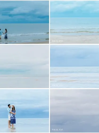 A collage showcasing various moments from a single beach pre-wedding shoot, demonstrating the variety of poses and compositions we deliver.