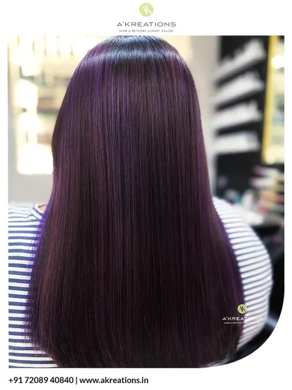 A full back view of the stunning, royal violet hair, showcasing its length and intense, glossy color.