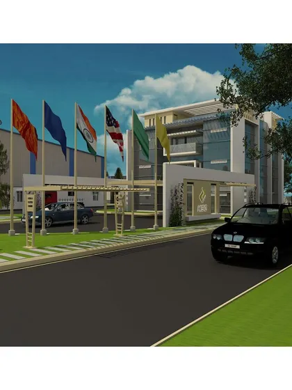 A 3D render showing the approach to the KSG Admin Block. This view demonstrates how we plan for vehicular circulation and integrate landscape features alongside the main architectural structures for a complete campus design.