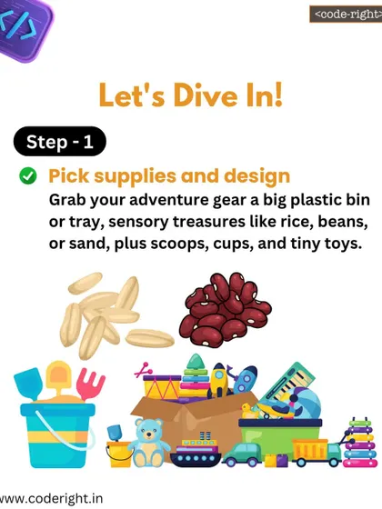 Step 1 of the sensory safari: Let's dive in! We start by gathering our supplies, like a plastic bin, sensory treasures, and small toys. This step involves planning and resource management.