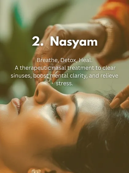 Nasyam is a therapeutic nasal treatment designed to help you breathe, detox, and heal. It's highly effective for clearing sinuses, boosting mental clarity, and relieving stress.