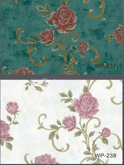 Two color variations of a climbing rose wallpaper, one in teal and red, the other in white and pink.