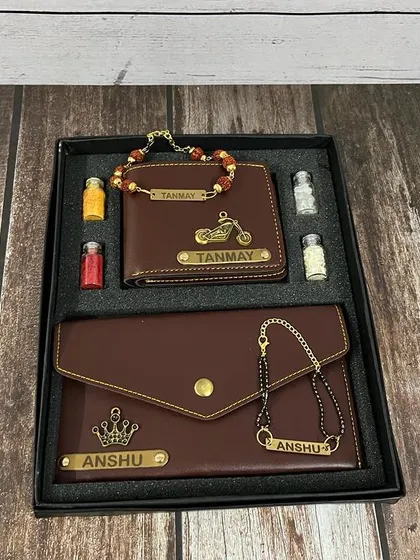 The rich brown color option for the Bhai-Bhabhi combo, customized with a bike charm for him and a crown for her.