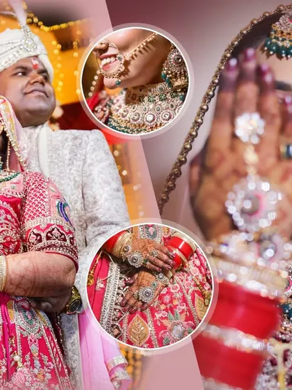 A creative album page that combines a couple's portrait with circular insets highlighting jewelry details.