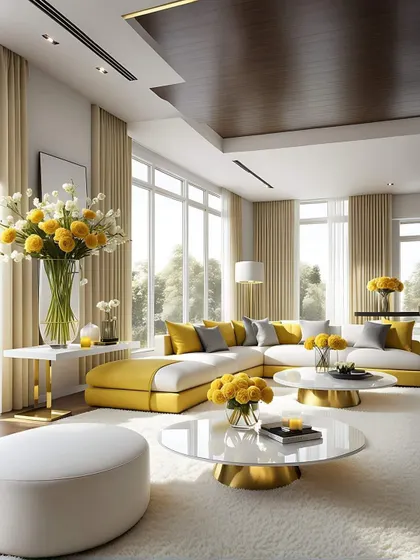 This sun-drenched living room uses a yellow sectional sofa to add a pop of color. The multiple coffee tables and open layout are perfect for large gatherings.