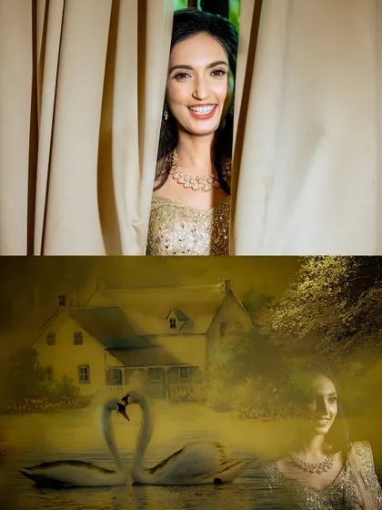 A creative and dreamy collage featuring the bride. The bottom image is a beautiful double exposure, blending her portrait with a romantic scene of swans on a lake.