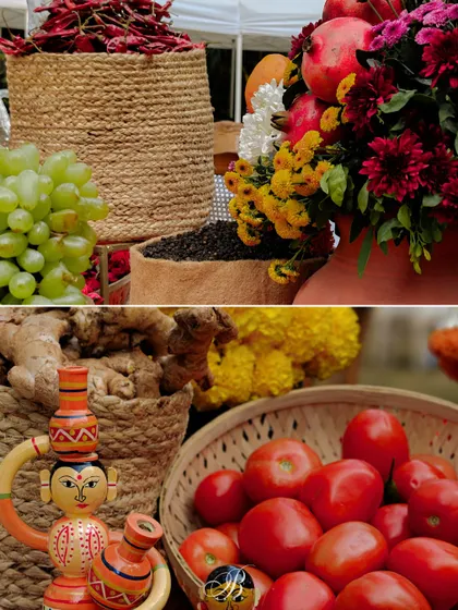 Details from the spice cart, showing fresh grapes and tomatoes alongside a traditional Channapatna doll. This blend of edible and decorative elements created a unique and interactive installation.