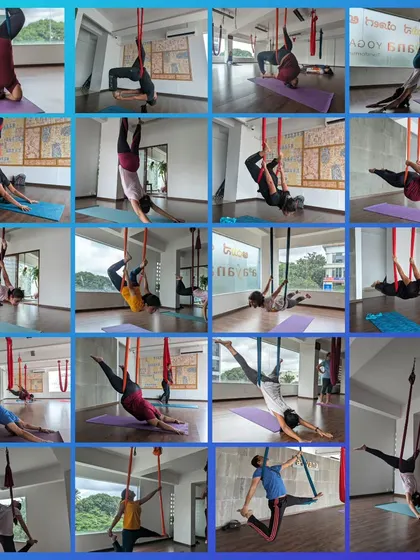 More moments from our vibrant aerial and acro yoga classes, showcasing the variety of poses, the supportive environment, and the pure fun of flying. From beginner drops to advanced flows and teacher trainings, there's a place for everyone to explore.