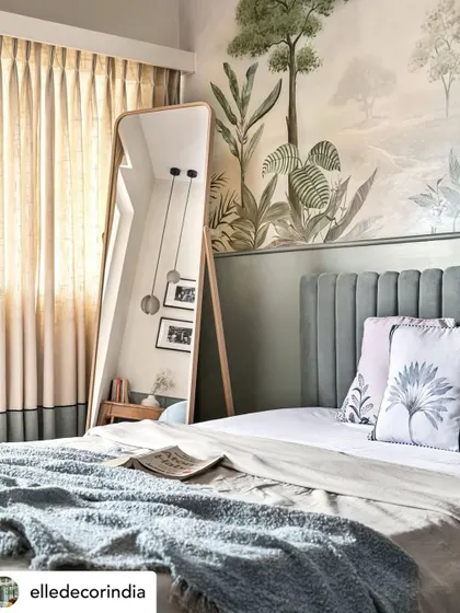 My 'Enchanted Forest' mural featured in Elle Decor India. The artwork provides a soft, magical backdrop to the bedroom, blending seamlessly with the Scandinavian and Japandi design themes.