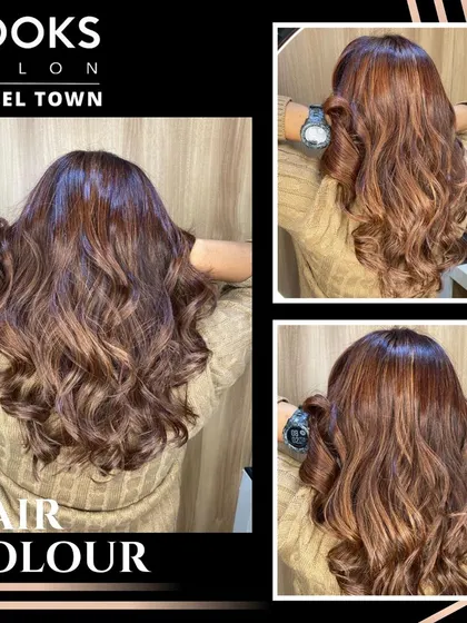 A collage of a client's hair color transformation, showing multiple angles of her new reddish-brown highlights and curls.