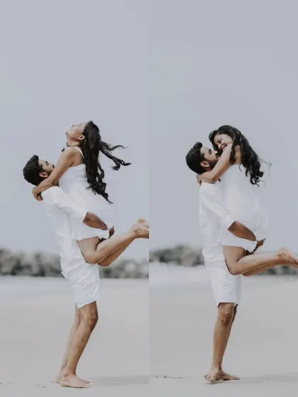 A collage of a couple's romantic and playful moments on the beach, captured in beautiful, dynamic poses.